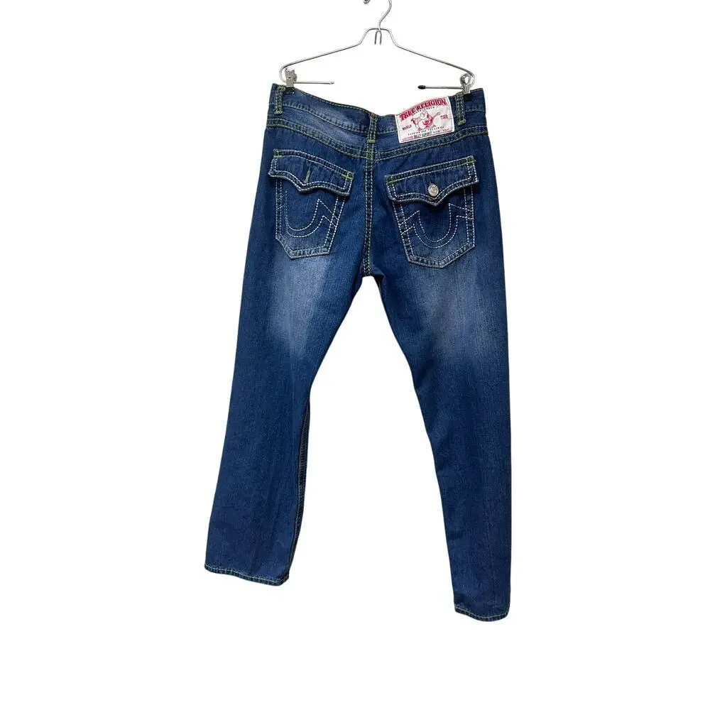 Authentic True Religion Mens Jeans Green Stitch y2k Medium Wash Size 40 FLAWED